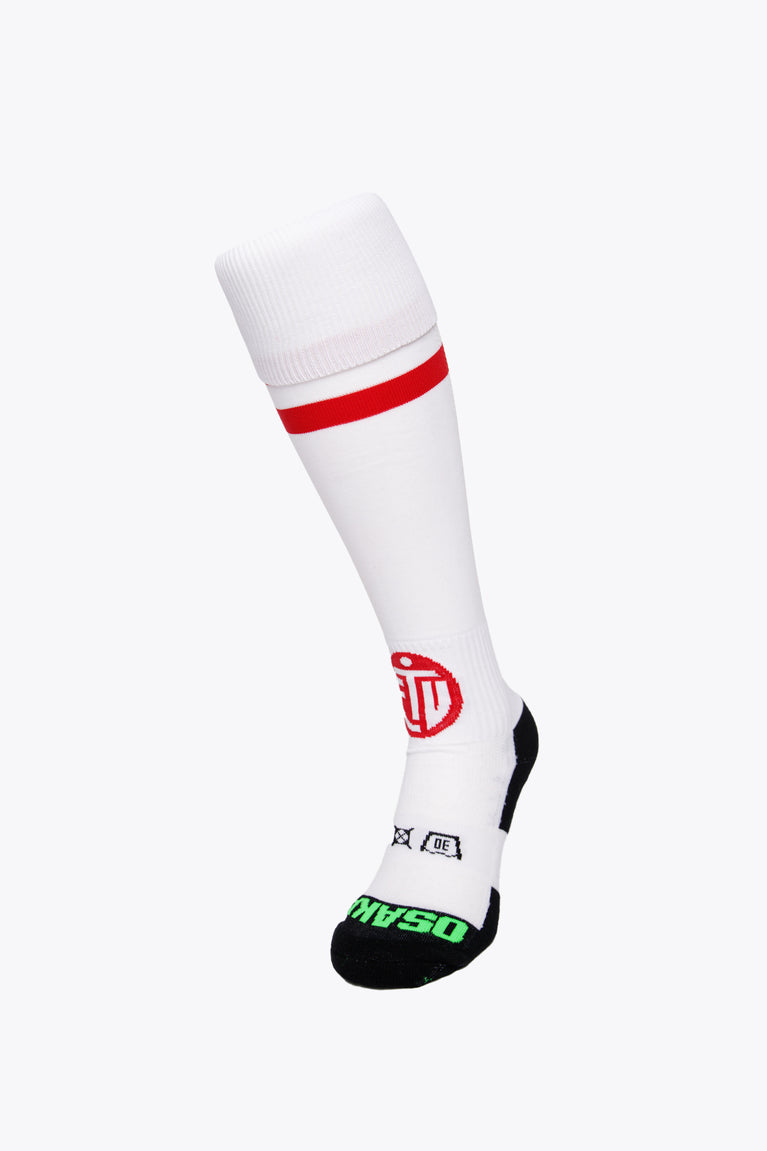 ETV Field Hockey Socks in white with Osaka logo in green. Front view