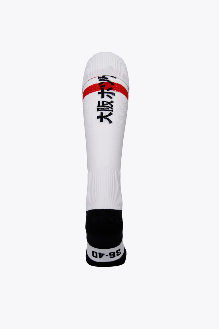 ETV Field Hockey Socks in white with Osaka logo in green. Back view