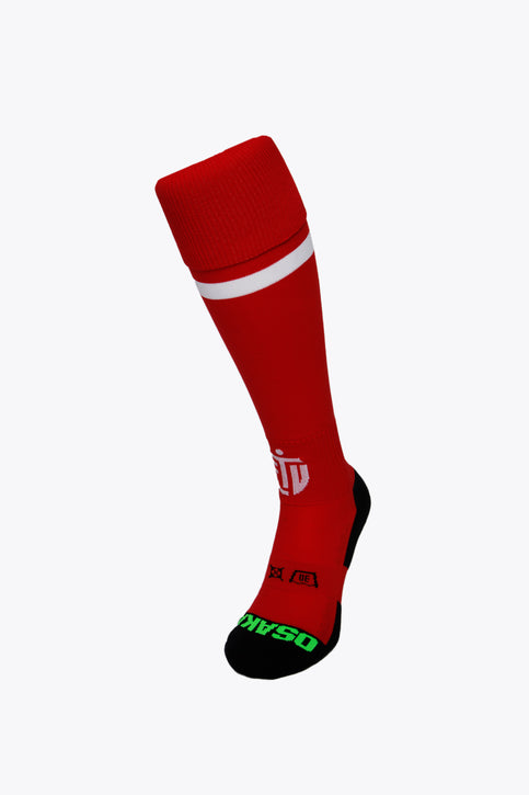 ETV Field Hockey Socks - Red ETV Field Hockey Socks in red with Osaka logo in green. Front view