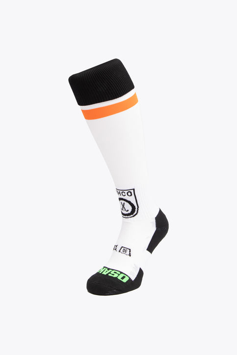 MHCO Field Hockey Socks - White MHCO Field Hockey Socks in white and orange with Osaka logo in green. Front view