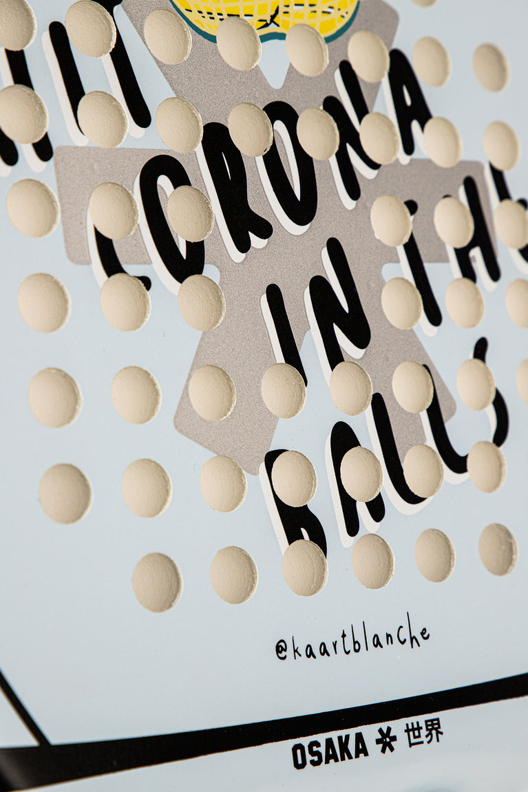 Osaka X Kaart Blache padel racket in blue with text. Detail text view