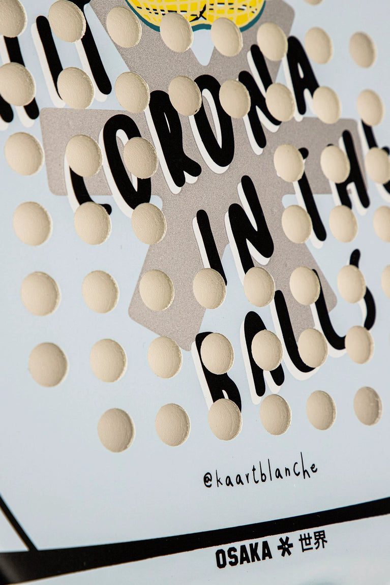 Osaka X Kaart Blache padel racket in blue with text. Detail text view