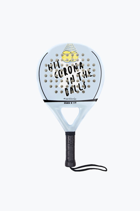 Osaka X Kaart Blache padel racket in blue with text. Front view