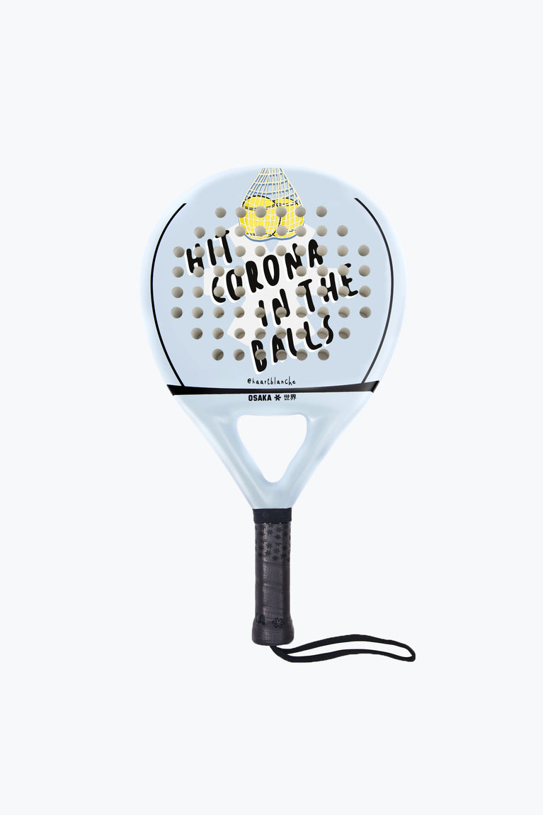 Osaka X Kaart Blache padel racket in blue with text. Front view