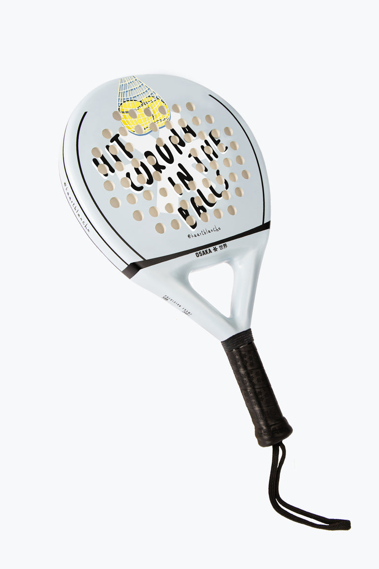 Osaka X Kaart Blache padel racket in blue with text. Front view