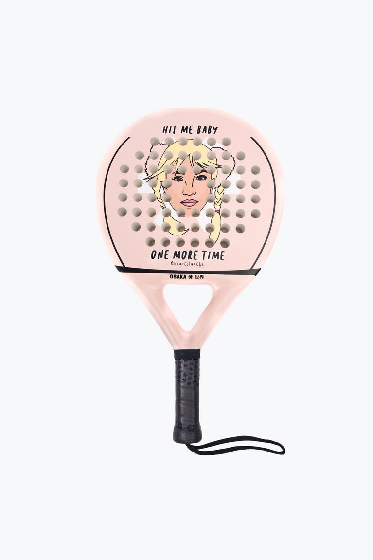 Osaka x Kaart Blanche Padel racket in pink with text. Front view