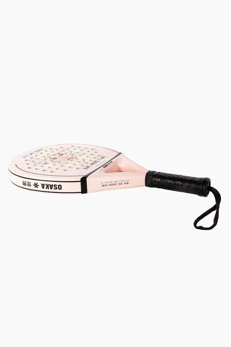 Osaka X Kaart blanche pink padel racket with text. Side view