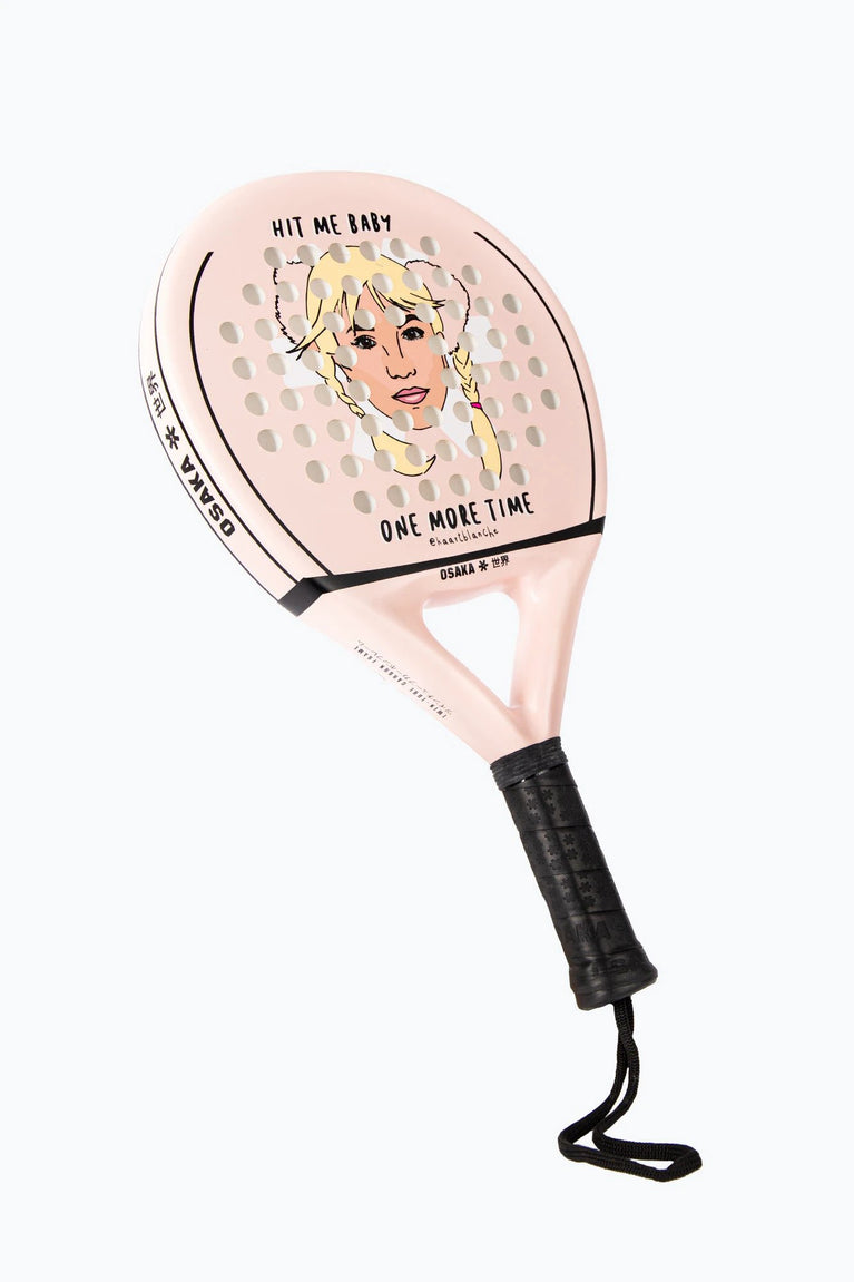 Osaka X Kaart Blanche pink padel racket with text. Front view