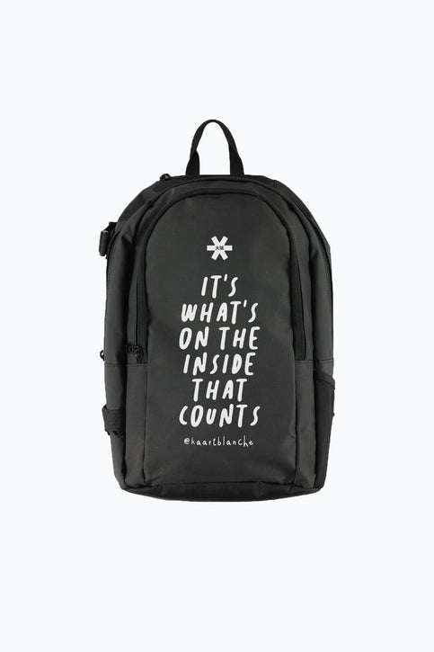 Osaka x Kaart Blanche Medium Backpack - Black Osaka x Kaart Blanche backpack medium in black with white text on it. Front view