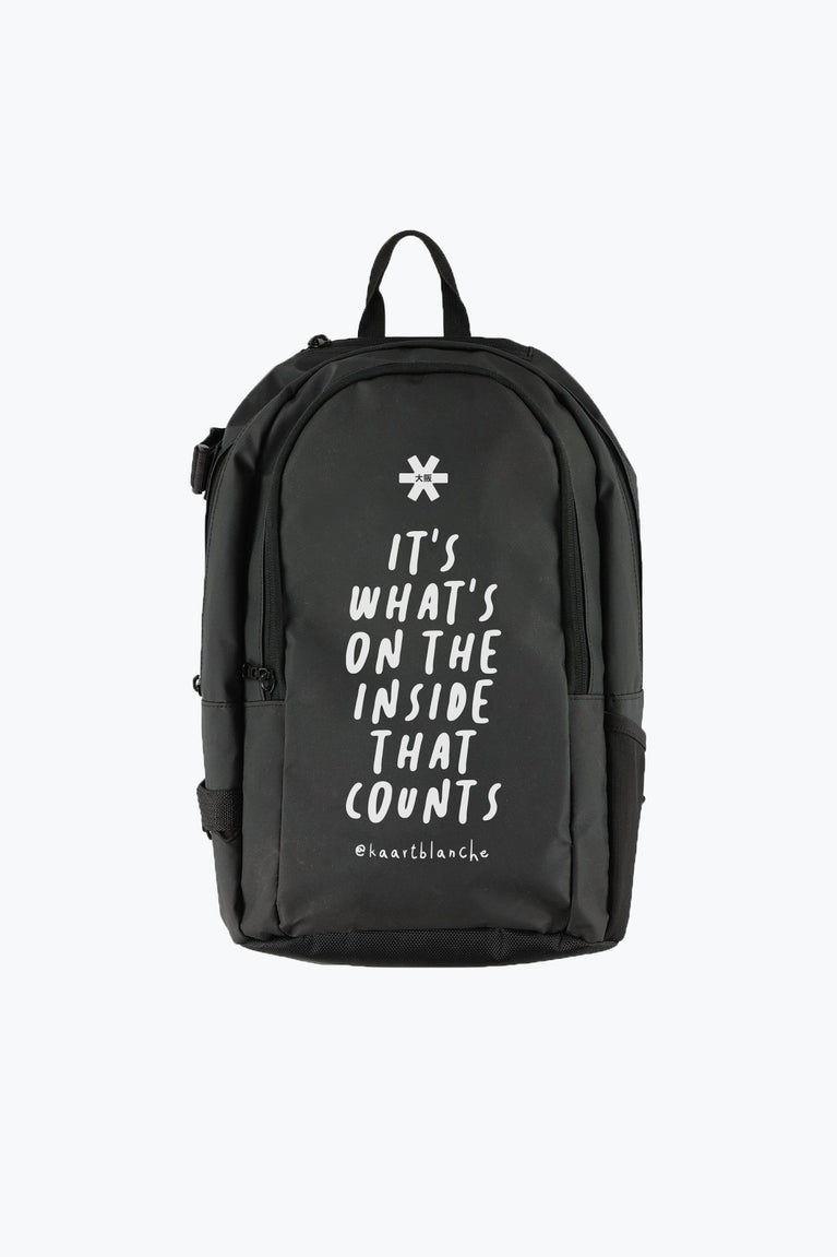 Osaka x Kaart Blanche backpack medium in black with white text on it. Front view