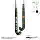 Dark green hockey stick with black grip, orange star on blade, and white shaft printing.