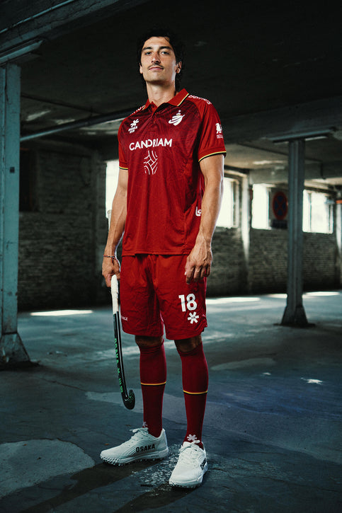 Men's red Belgium football shorts with Eiffage logo and right-leg emblem