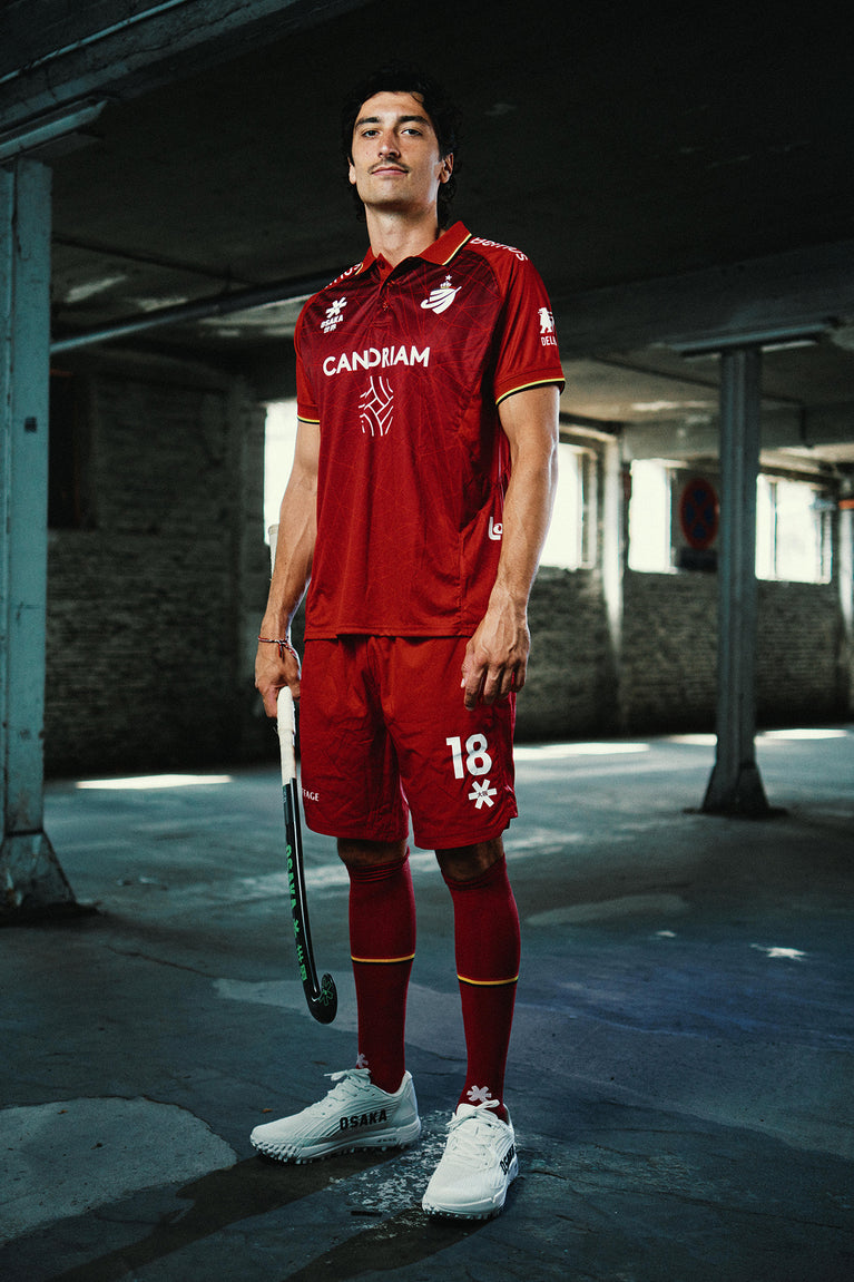 Men's red Belgium football shorts with number 18 print and sponsor details