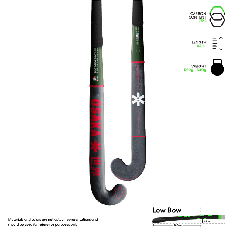 Hockey stick with curved black blade, red and green graphics