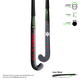 Hockey stick with curved black blade, red and green graphics