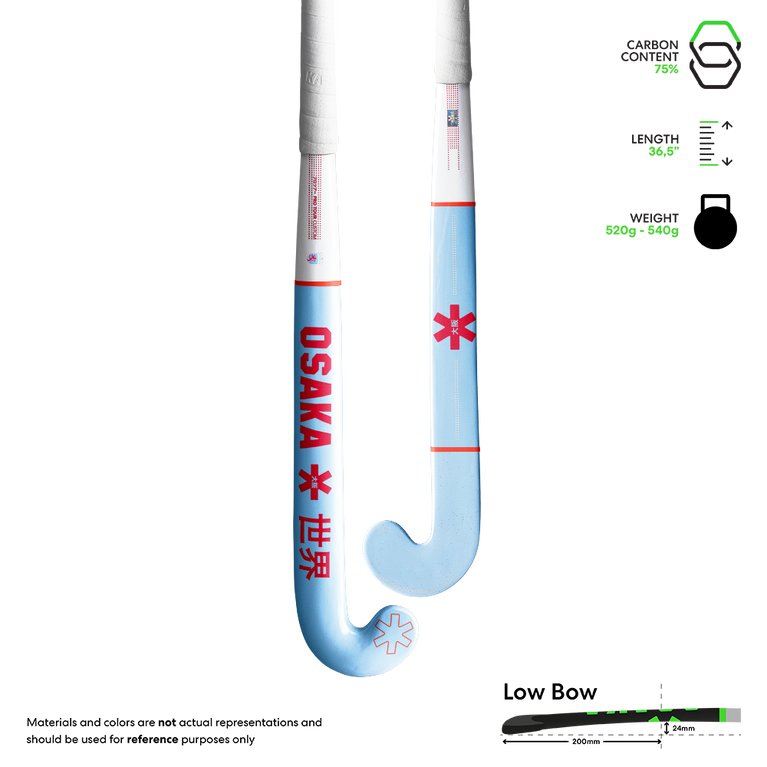 Light blue hockey stick with curved blade and red Osaka logo accents
