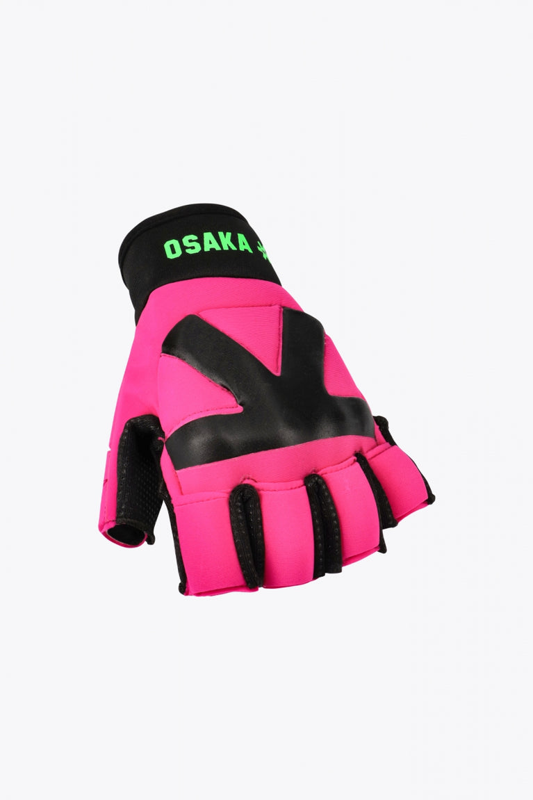Osaka Armadillo glove pink and black with logo in fluo green. front view