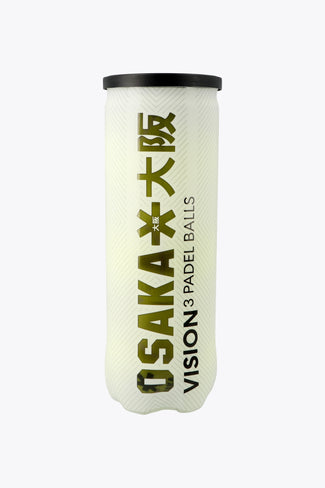 The Padel Essentials Osaka pro tour 3 padel balls in white tube. Front view