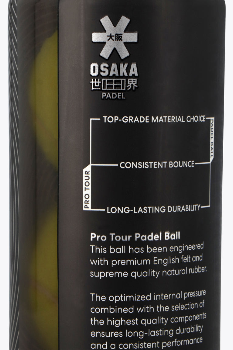 Osaka pro tour 3 padel balls in black tube. Close view