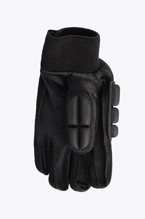 Left-hand hockey indoor glove, black with orange foam knuckle pads and grip fingers.