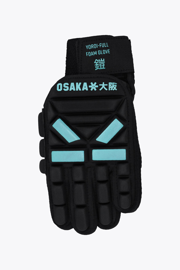 Left-hand indoor hockey glove, black with teal foam knuckle pads