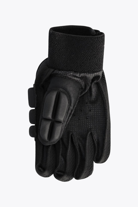 Right-hand hockey indoor glove, black with orange foam padding and accents