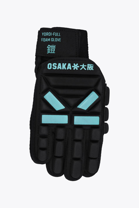 Indoor hockey glove, right hand, black with teal foam protection panels