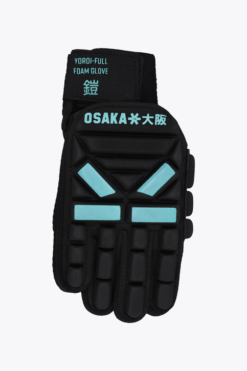 Indoor hockey glove, right hand, black with teal foam protection panels