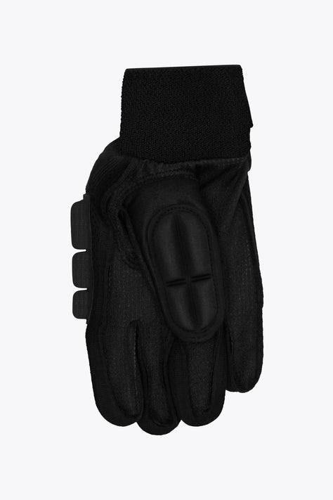 Indoor hockey glove, right hand, black with teal foam protection panels
