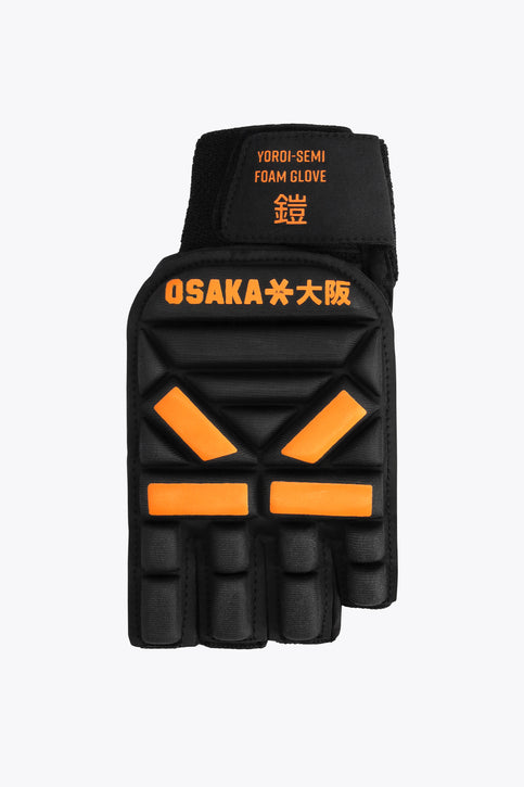 Hockey semi-foam glove, black with orange tiger accents and padded knuckle guard