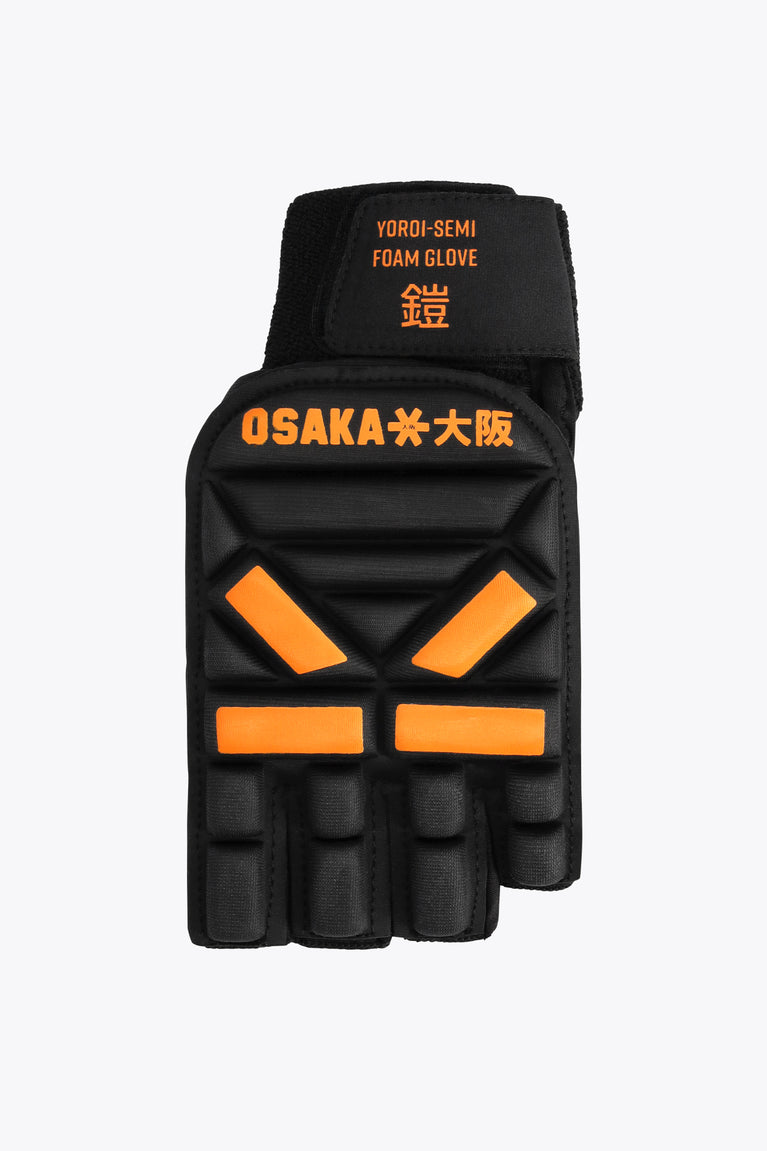 Hockey semi-foam glove, black with orange tiger accents and padded knuckle guard