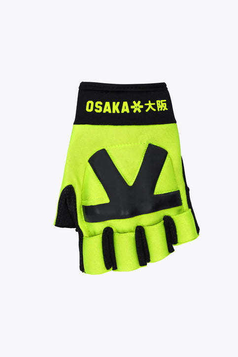 Neon green and black hockey armadillo glove with black wrist strap