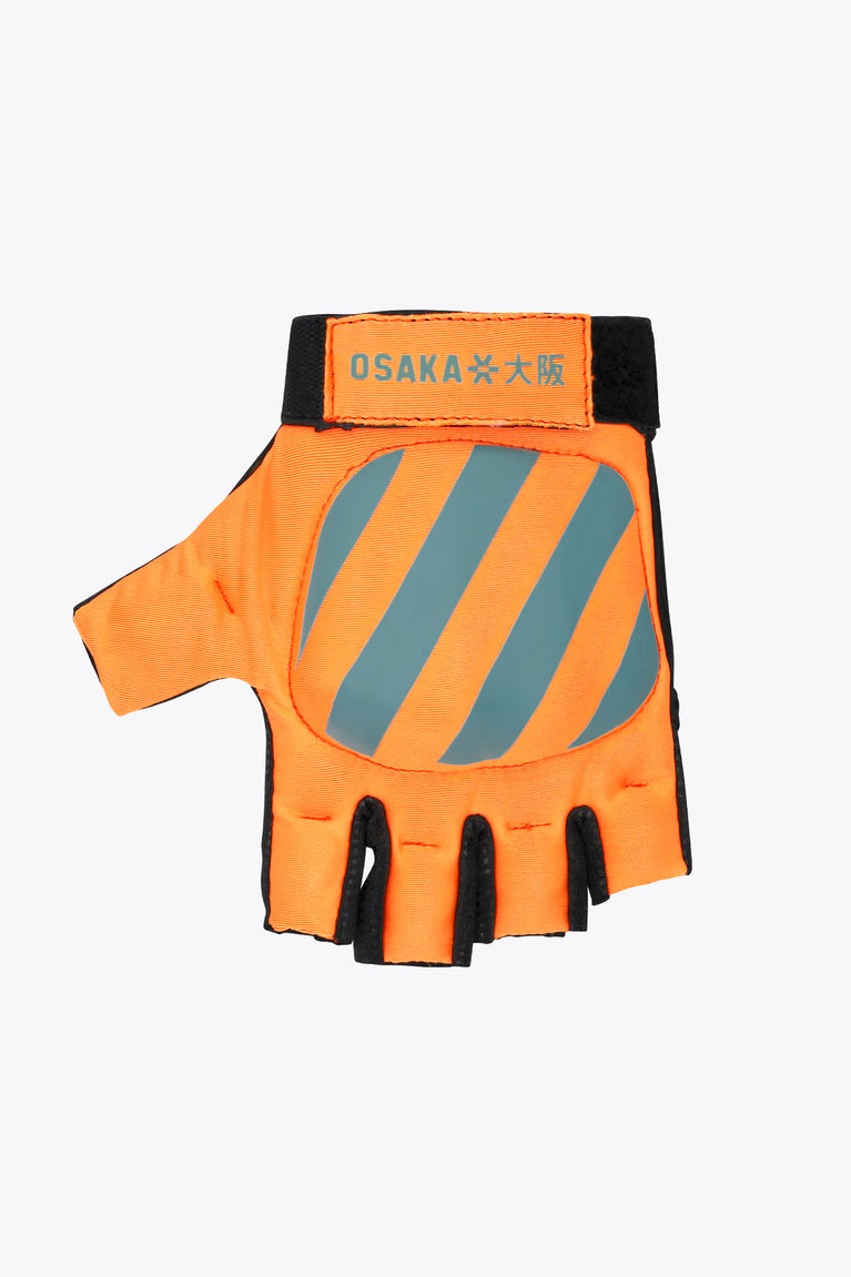 Orange hockey glove with blue-gray diagonal stripes, black cuff and fingerless design