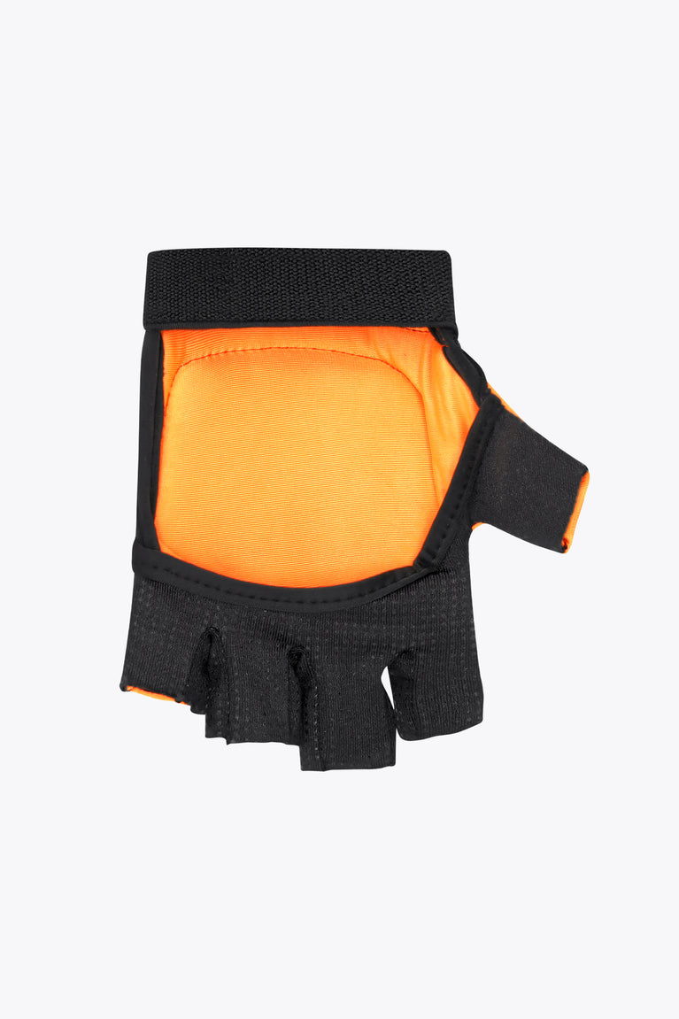 Orange padded hockey glove, black back and cuff, thumb opening and finger holes