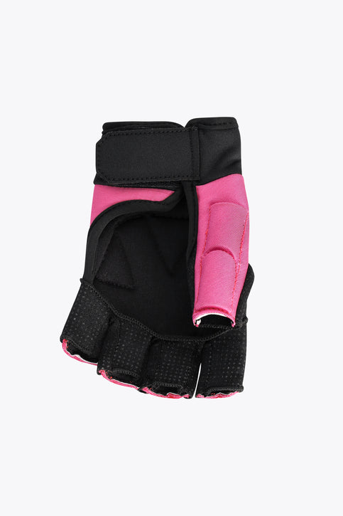 Hockey glove, pink with wild lime green stripes and black finger pads