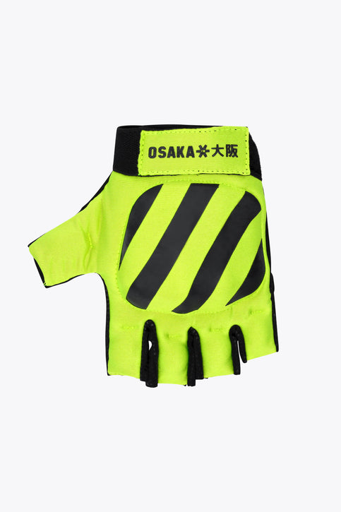 Lime hockey glove with black stripes and Osaka logo on wrist cuff