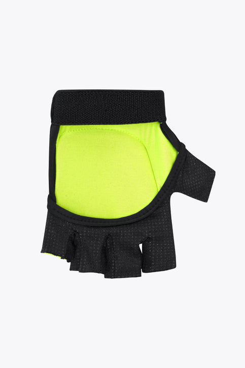 Lime hockey glove with black stripes and Osaka logo on wrist cuff