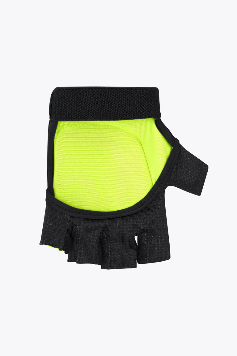 Lime and black hockey glove with black finger guard and padded palm