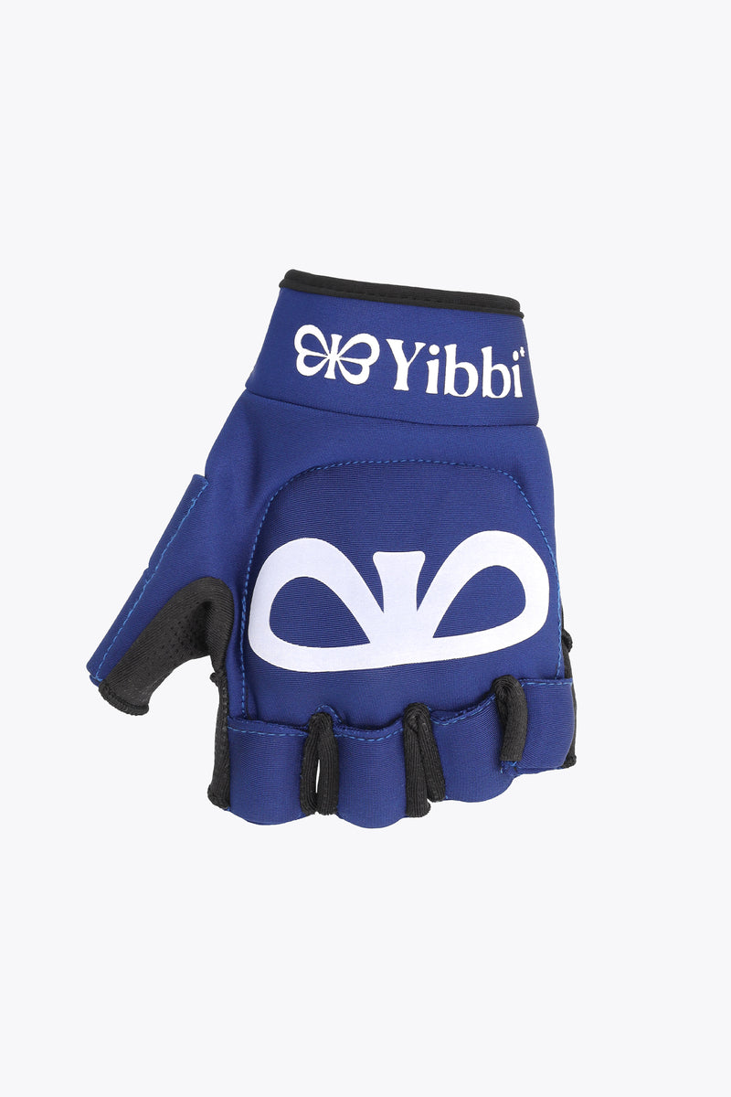 Blue hockey glove with black palm, white logo on back and padded wrist cuff