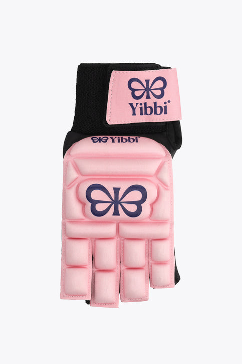 Pastel pink and black hockey glove with padded semi-foam palm, hook-and-loop wrist