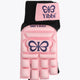 Pastel pink and black hockey glove with padded semi-foam palm, hook-and-loop wrist