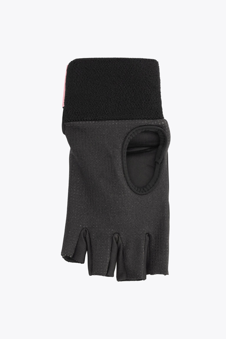 Black hockey glove with fingerless padding and hook-and-loop wrist strap