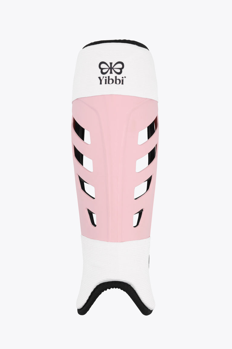 Yibbi Elite hockey shinguard in pastel pink and white with black edges and vents