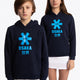 Boy and girl wearing the Osaka kids hoodie in navy with blue star logo. Front view