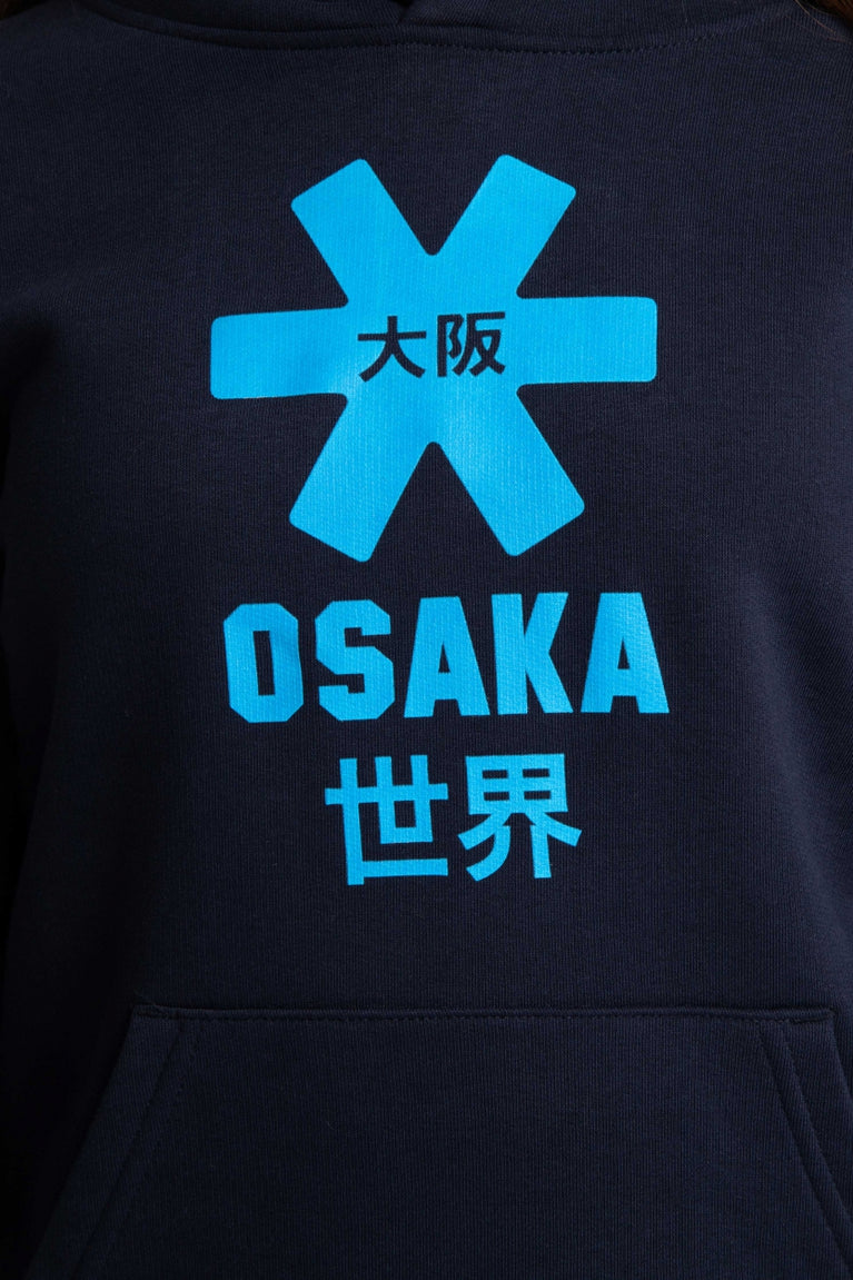 Osaka kids hoodie in navy with blue star logo. Detail view logo