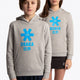 Boy and girl wearing the Osaka kids hoodie in grey with blue star logo. Front view