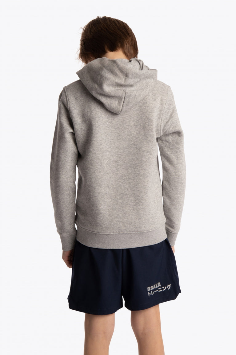 Boy wearing the Osaka kids hoodie in grey with blue star logo. Back view