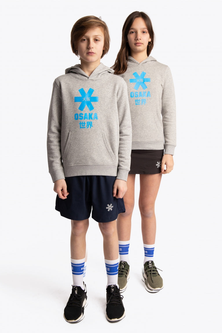 Boy and girl wearing the Osaka kids hoodie in grey with blue star logo. Front full view