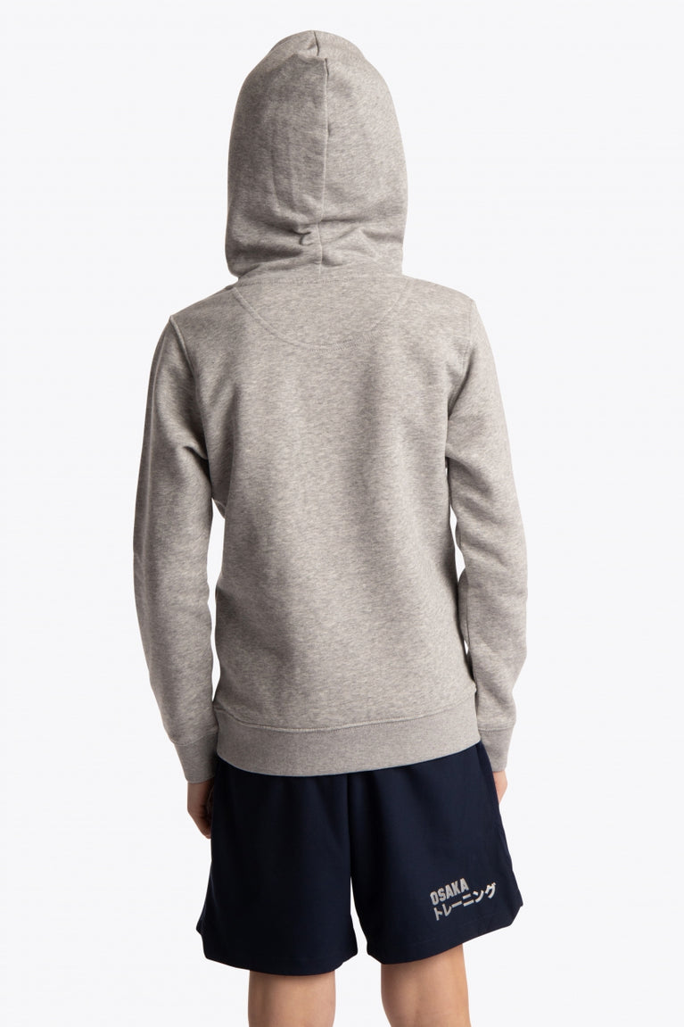 Boy wearing the Osaka kids hoodie in grey with green star logo. Back view