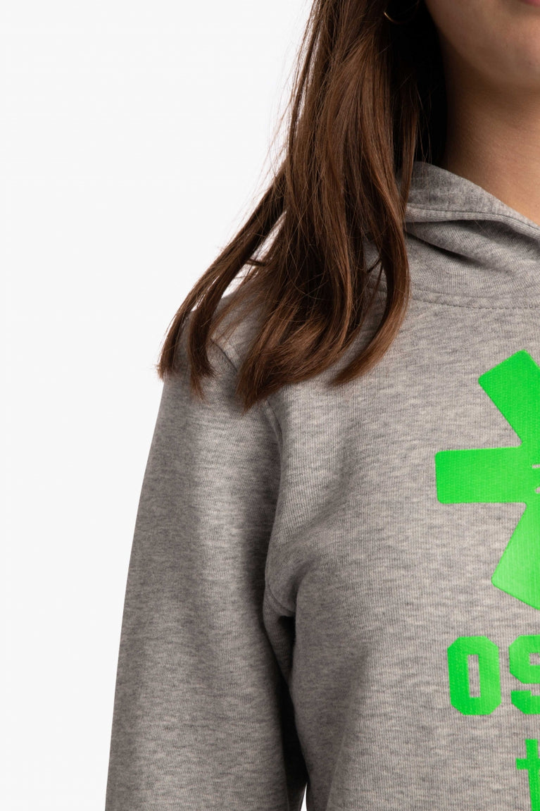 Osaka kids hoodie in grey with green star logo. Detail shoulder view
